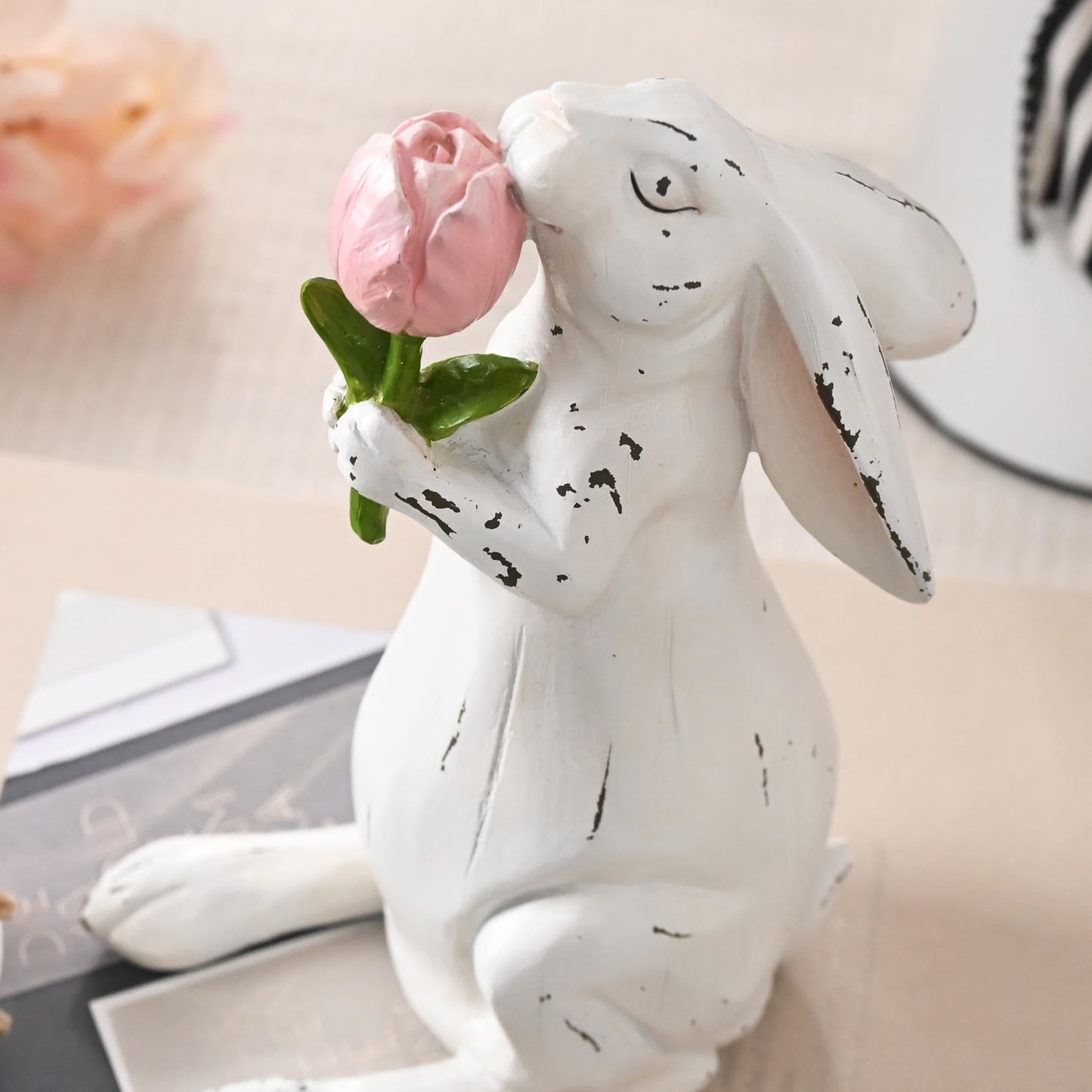 Valery Madelyn Easter Bunny Decorations for Home, Medium White Couple Rabbits Figurine Tabletop Decor, 2Pcs Cute Easter Gifts Resin Statues for Spring Holiday Indoor Party Table Centerpieces, 6"