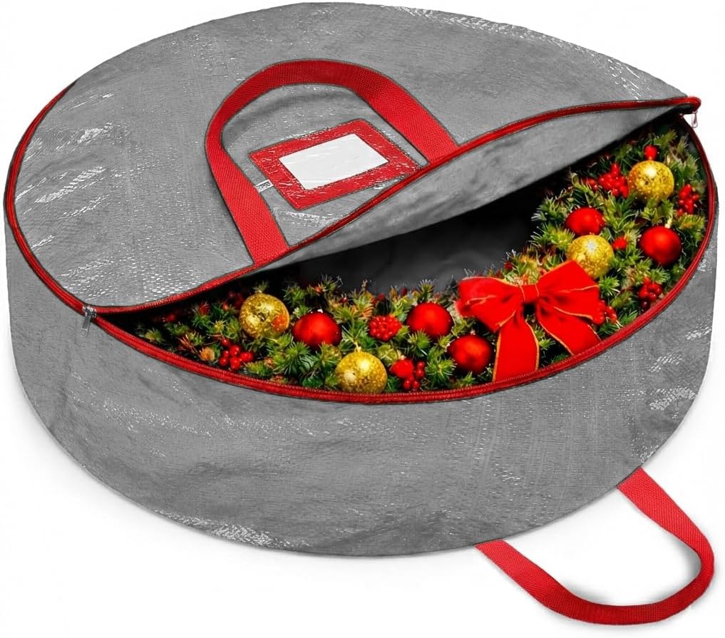 ZOBER Wreath Storage Bag - 30 Inch Durable Container for Artificial Wreaths - Gray with Dual Zippers