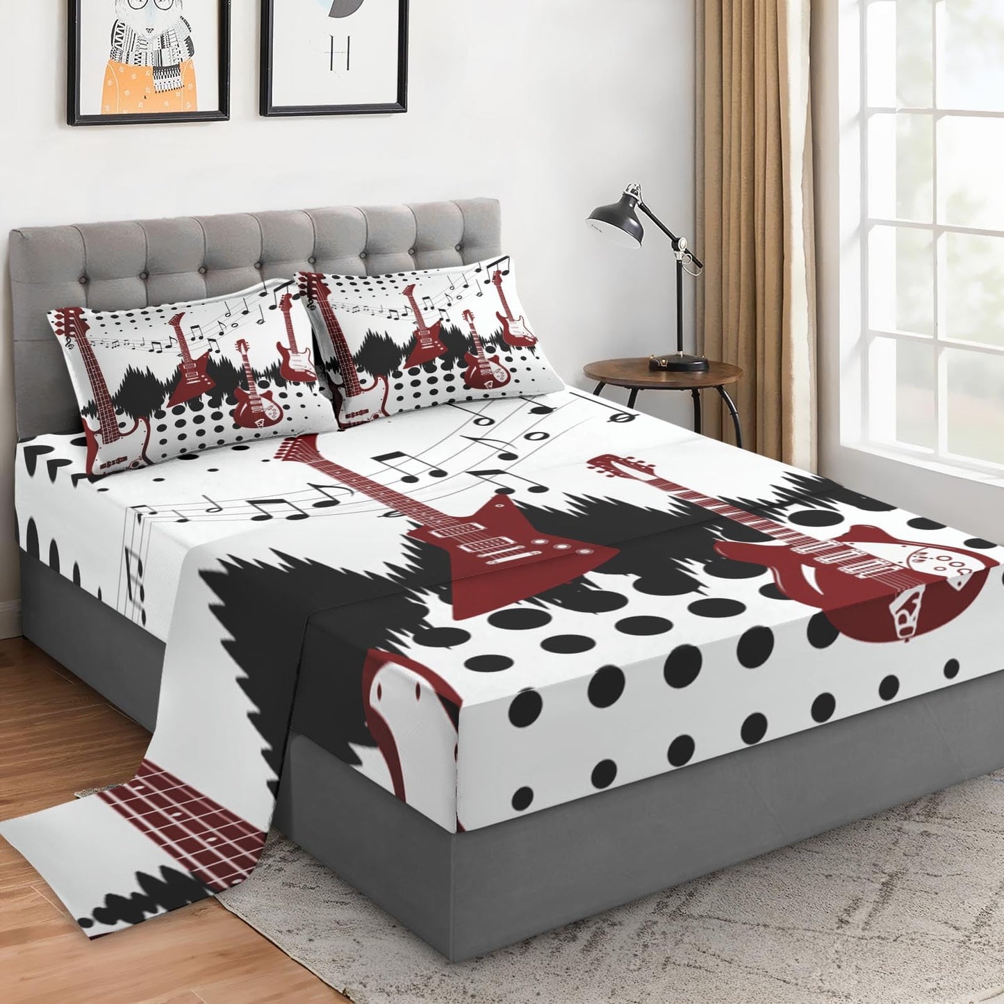 WeCozy Queen Size Bed Sheet Sets with Pillowcases, Guitar Rock Music 4 Pcs Soft Microfiber Bedding for Kids and Adults, Musical Play Flat, Fitted Sheet for Bedroom Bed Decor