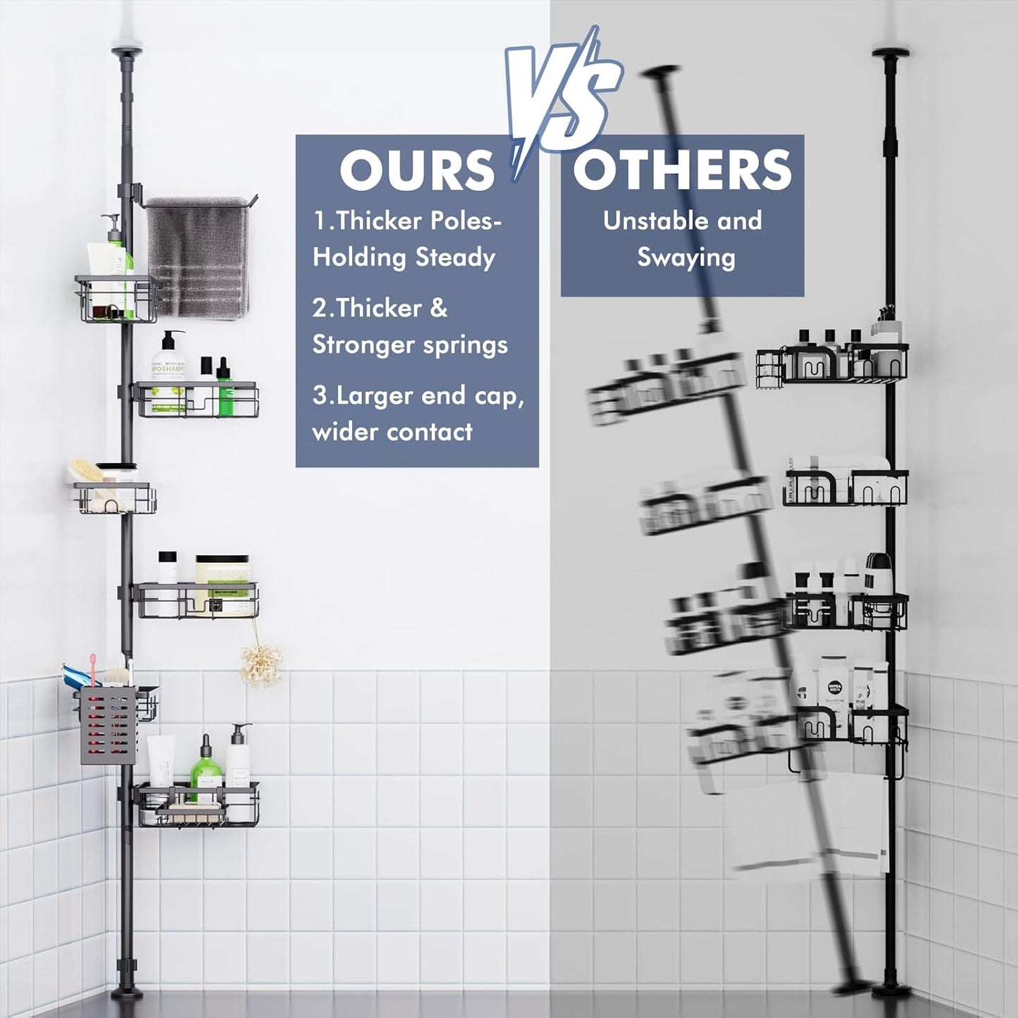 Shower Caddy Organizer - Rustproof Tension Pole with Adjustable 30-120 Inch Rack & Extra Towel Bar | Black