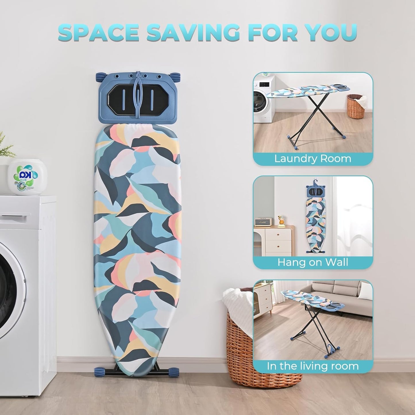 KINGBOARD Foldable Ironing Board - Heavy Duty Metal Panel with 7 Height Adjustments | Portable 45 x 15 Deep Blue