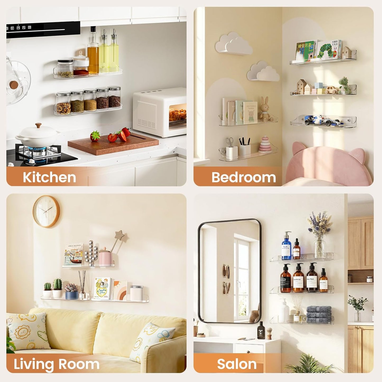 SpaceWhisper Floating Wall Shelves - 6-Pack 15" Clear Display Organizers for Bathroom, Bedroom & Living Room