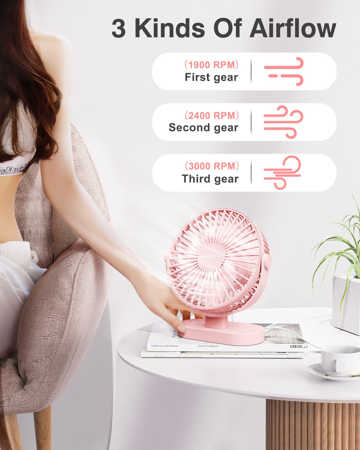 SWEETFULL Desk Fan USB Small Fan, 3 Speeds Portable Fan, 360° Rotate Personal Desktop Table Fan, Mini Fan Quiet Operation, for Home Office Car Outdoor Travel (Pink)
