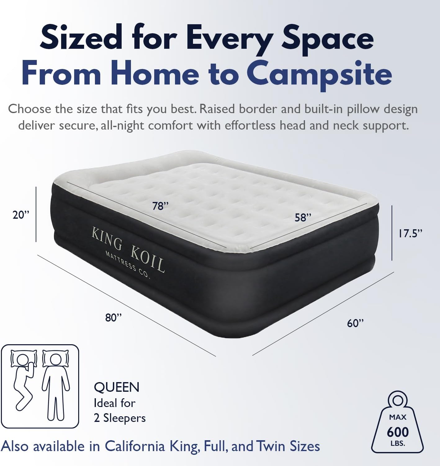 King Koil Queen Air Mattress - Luxury Pillow Top Design with Built-in Pump | Waterproof & Adjustable 20" Double Airbed