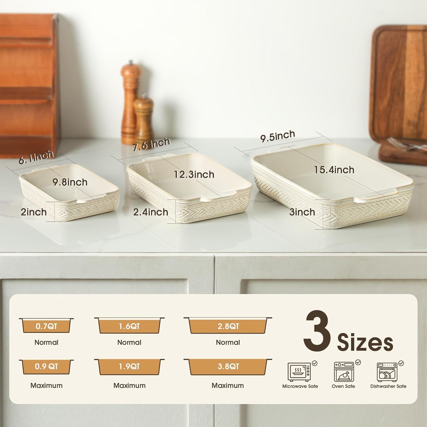 Regine Switzerland Casserole Dishes Set - Ceramic Baking Pans for Oven | 3 Rectangular Sizes (15.4''/12.3''/9.8'')