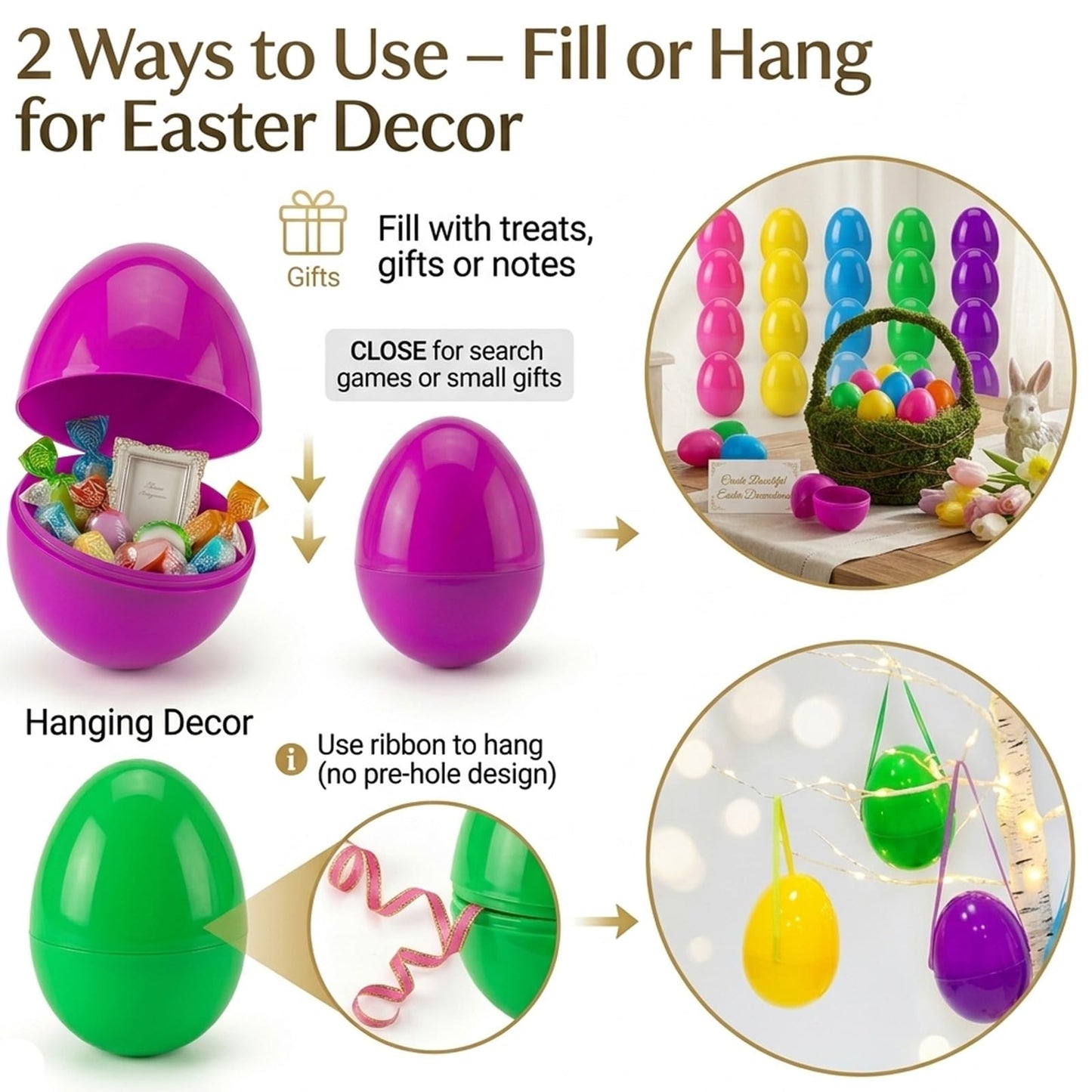 ROSAUI 36 Pack Large Fillable Easter Eggs (3.5"), Flat Bottom Plastic Eggs with Ribbons – Reusable Hanging Decor for Egg Hunts, Baskets & Holiday Displays