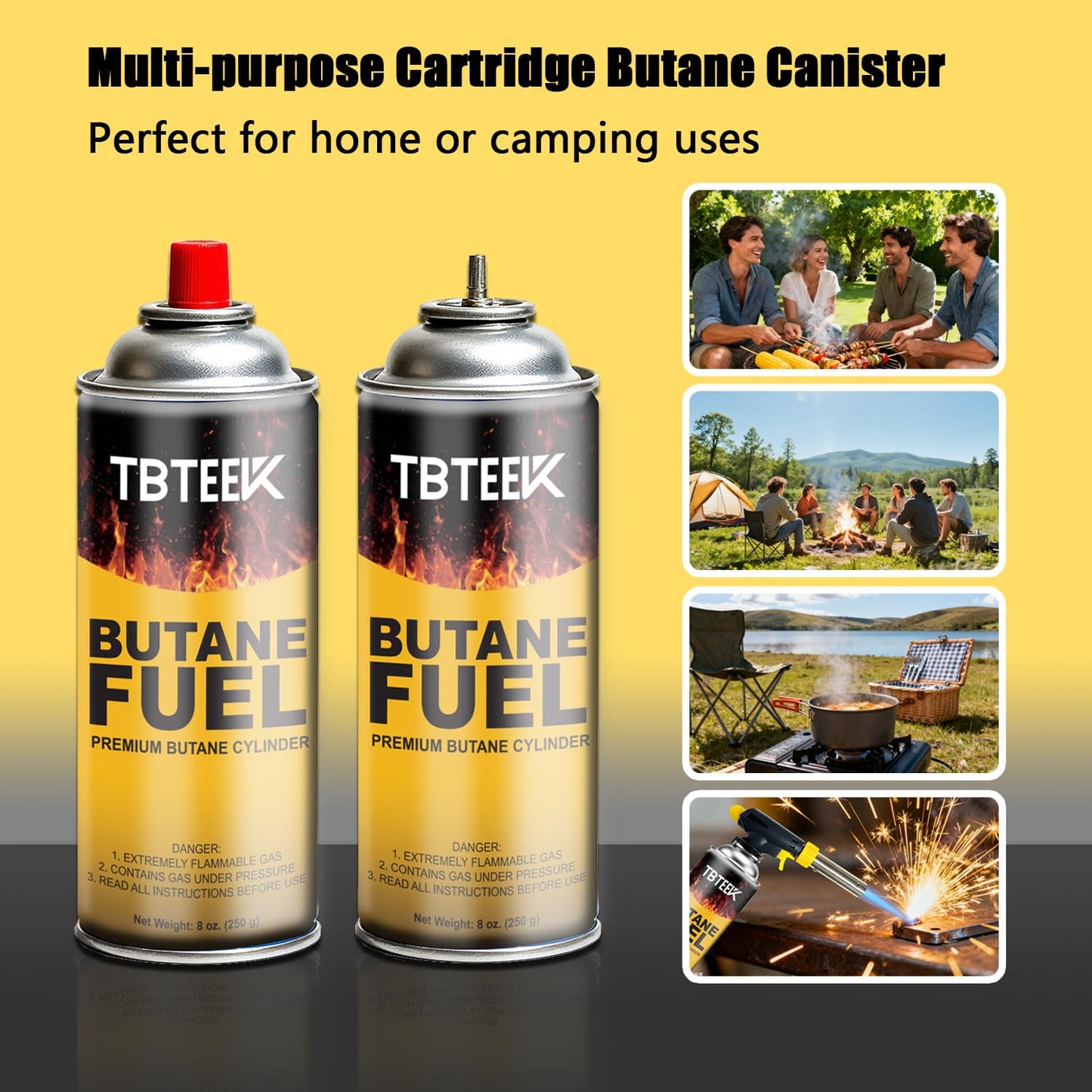 TBTeek Butane Fuel Canister, Butane Gas 8 oz, 2 Pack Premium Pure Refined Butane Gas Refill for Kitchen Torch Head, Camping Stove, Outdoor Cooking, Grilling & Emergency Use
