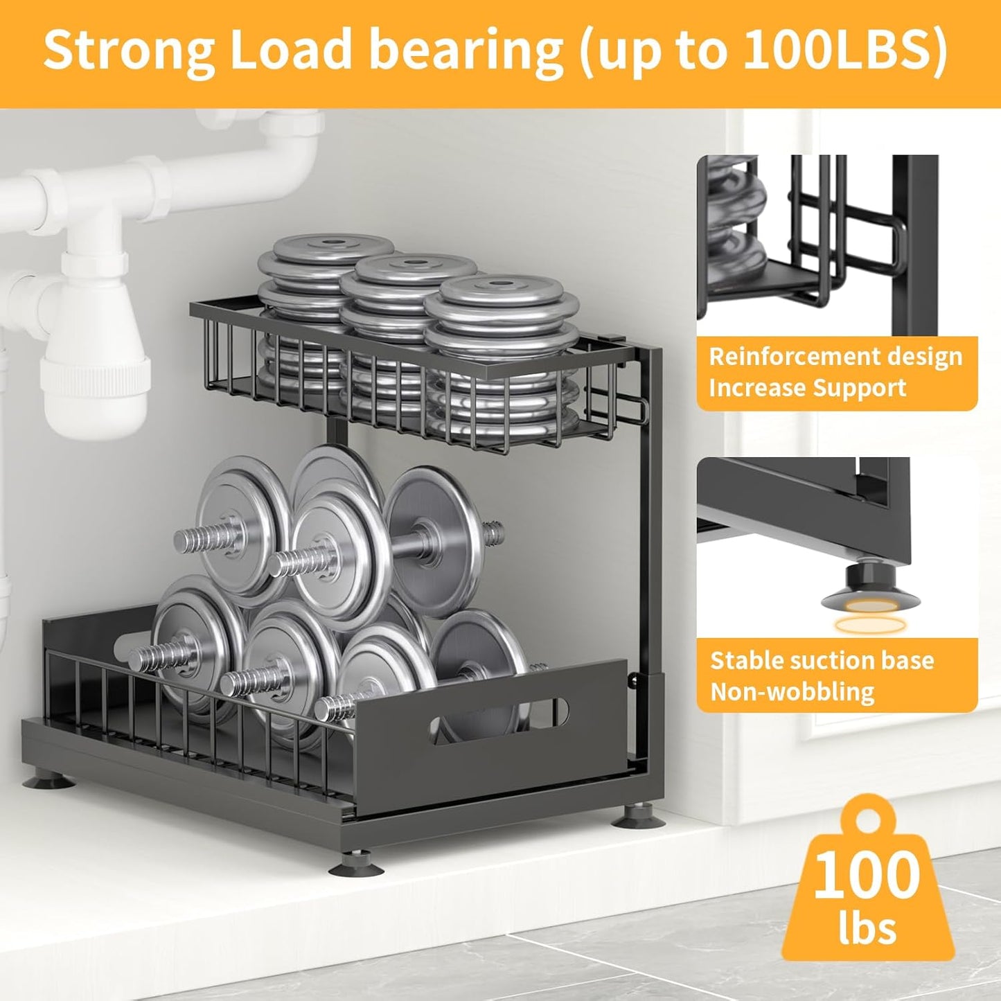 Saydear Under Sink Organizer - 2-Tier Premium Metal Pull-Out Storage with Sliding Drawer | Adjustable Height, Heavy Duty, Black (2 Pack)
