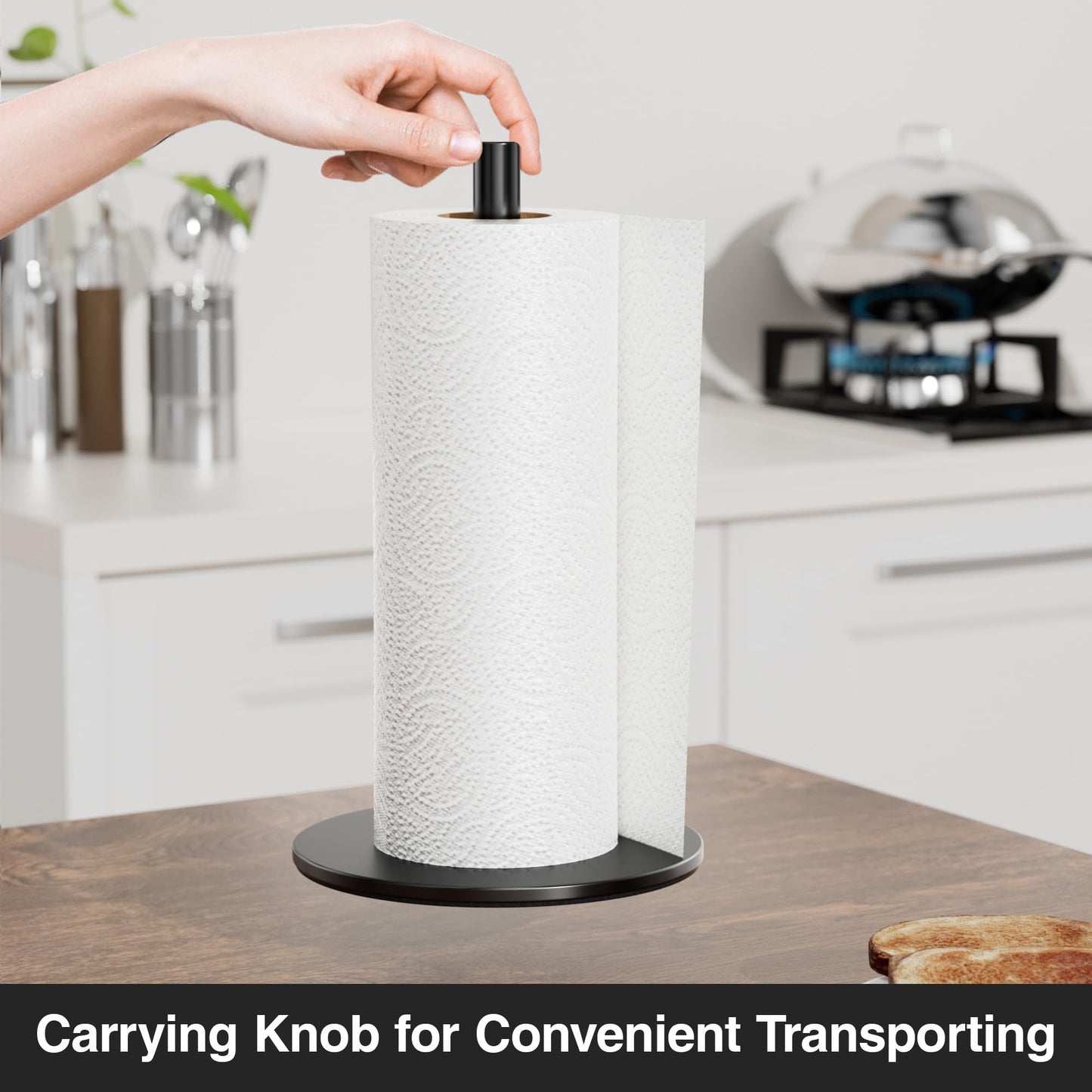 Black Paper Towel Holder Free-Standing, Premium Stainless Steel Paper Rolls Organizer Countertop, Classic Fashion Kitchen Roll Dispenser