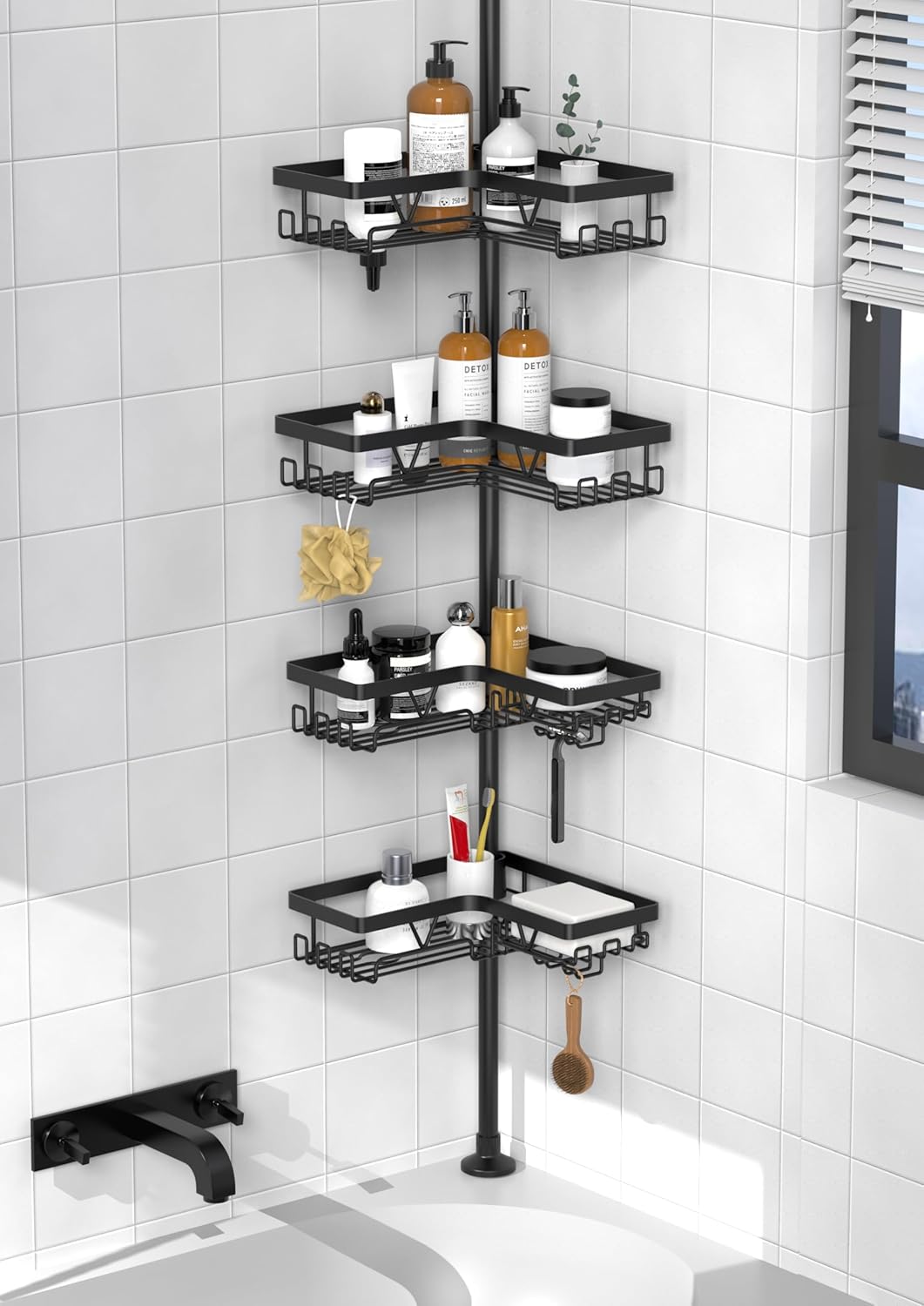 KEGII Corner Shower Caddy Tension Pole - Waterproof Floor-to-Ceiling Organizer | 25-114.2 Inch, Black
