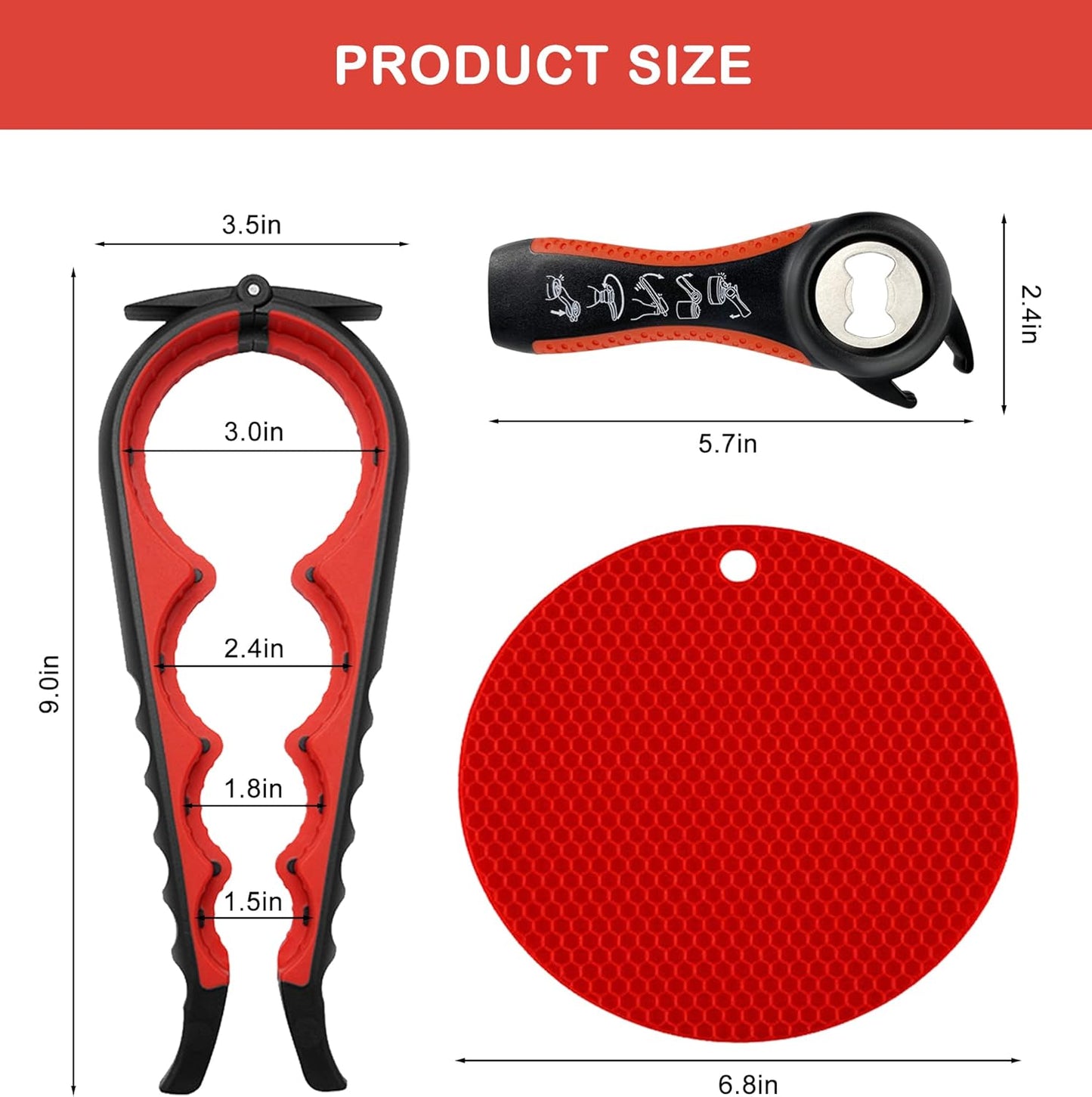 Regine Switzerland Jar Opener - 5-in-1 Multi-Function Lid Opener for Seniors with Arthritis | Non-Slip Grip Pad (Red)