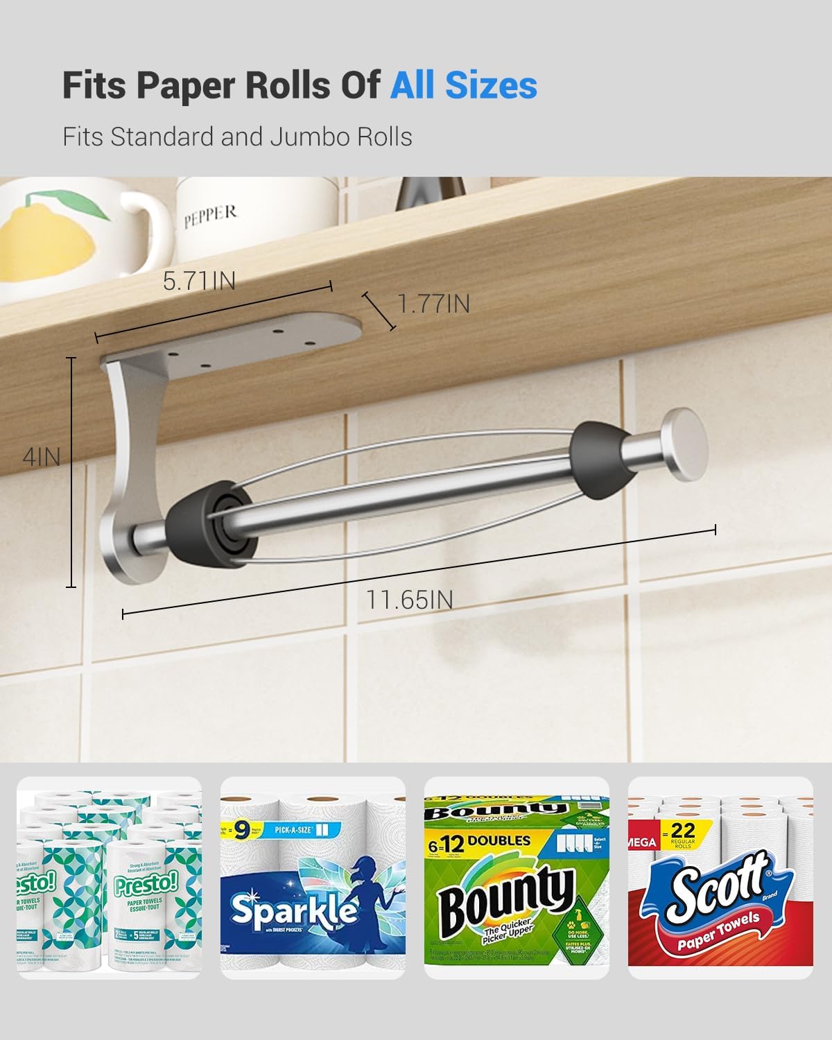 Skiennix Paper Towel Holder - One-Handed Tear Wall Mount | Adhesive Silver Design for Kitchen & Bathroom