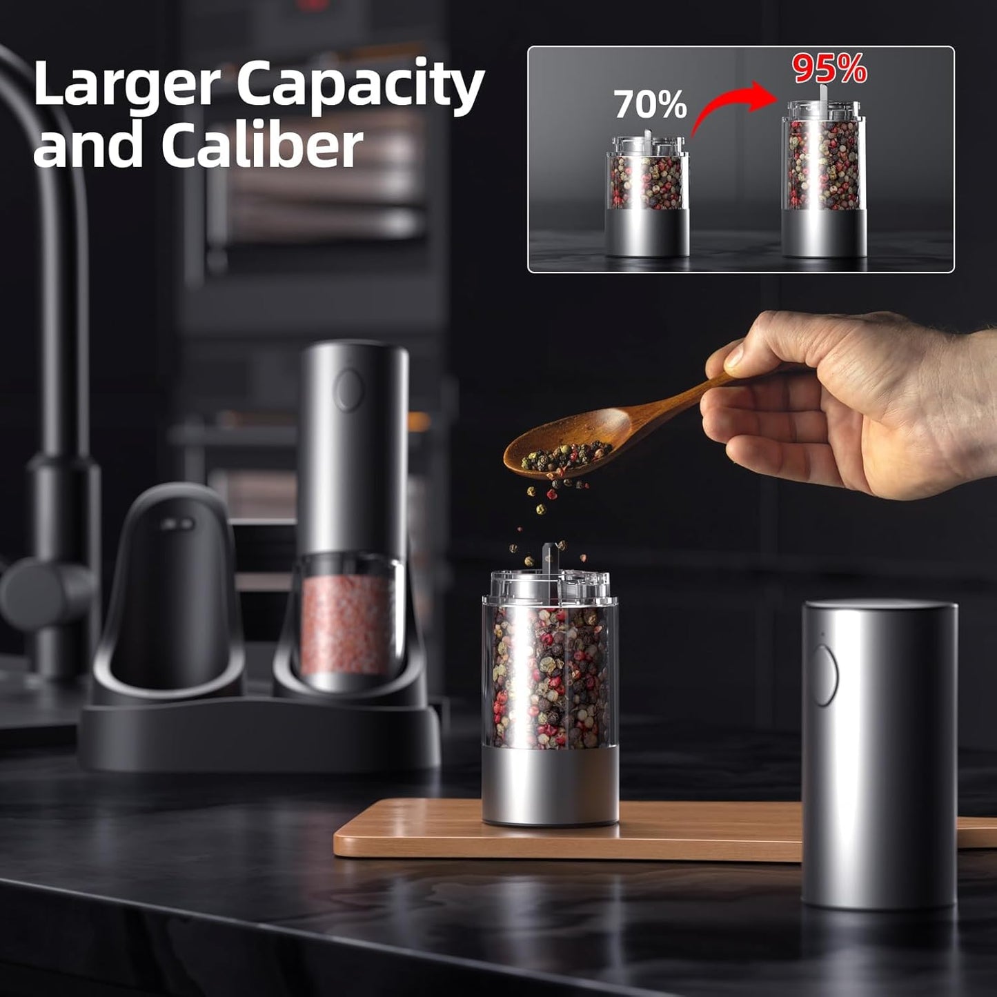 Skiennix Electric Salt and Pepper Grinder Set - Rechargeable Stainless Steel Mills with LED Light & Adjustable Coarseness