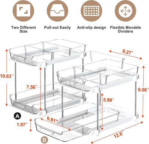 Delamu 2-Tier Bathroom Under Sink Organizer - Stackable Storage with Movable Dividers, White | 2 Pack
