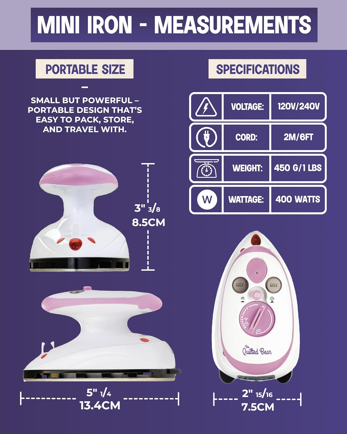 Quilted Bear Mini Steam Iron - Lightweight Travel Iron for Effortless Quilting & Wrinkle-Free Clothes | Pink with Carry Case & Iron Rest Set