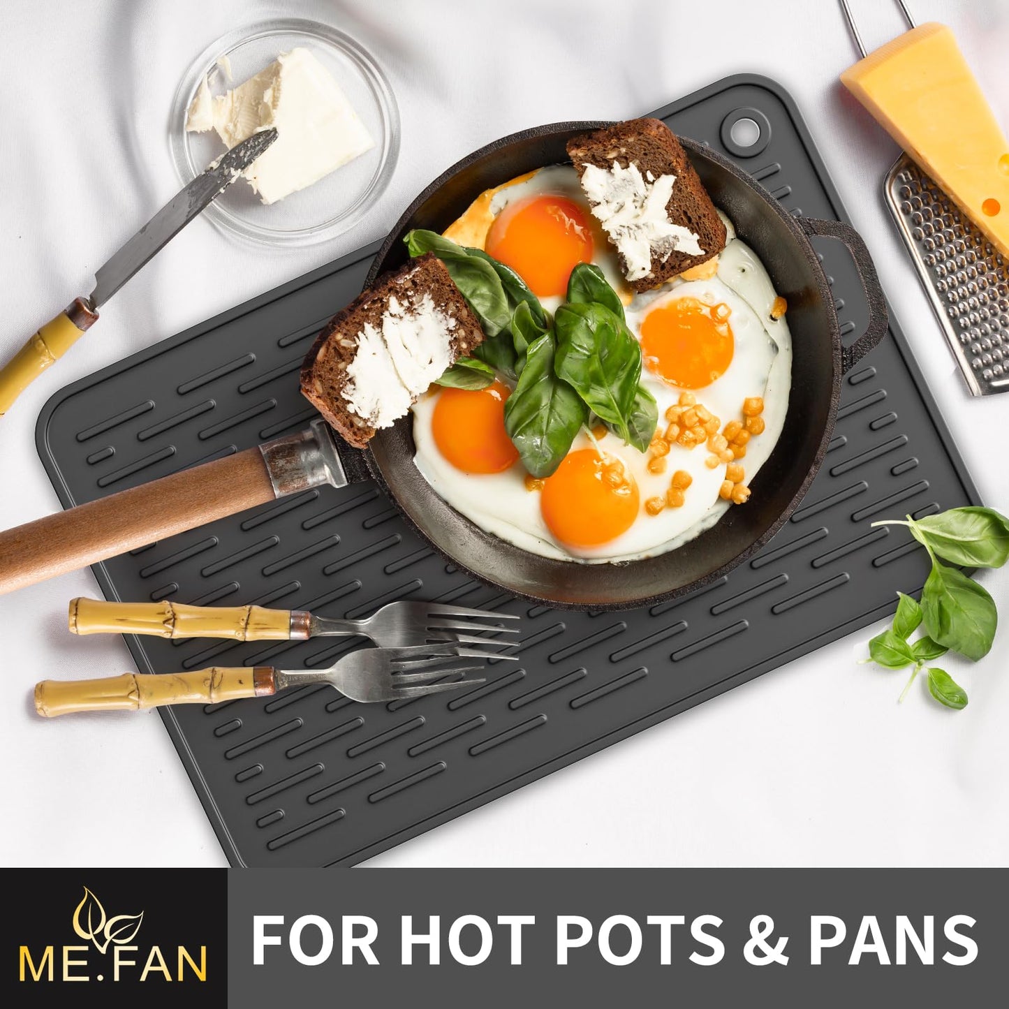 ME.FAN Silicone Dish Drying Mat for Kitchen Counter, Dish Drying Pad for Sink, Refrigerator or Drawer, Countertop Protection Pad M - 16''×12'' - Black