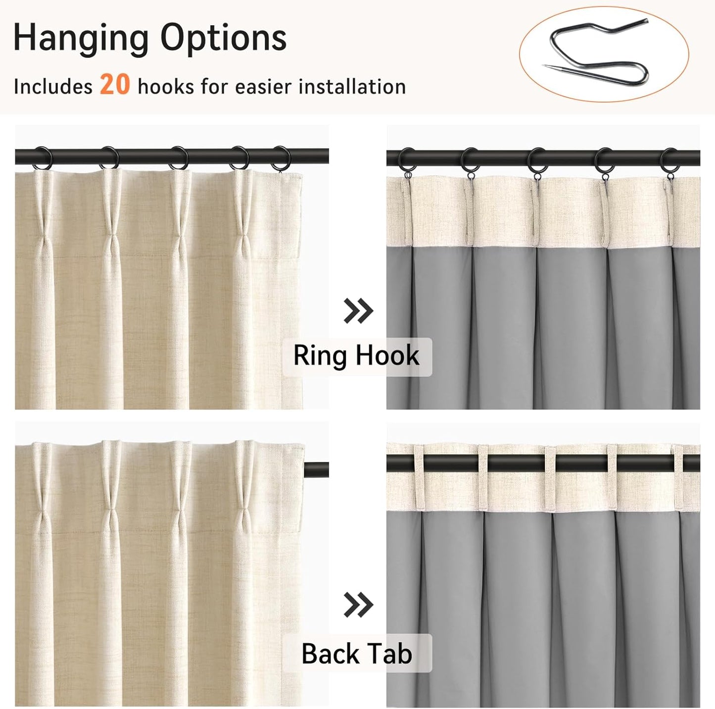 100% Blackout Curtains by Shield - Linen Pinch Pleated Drapes, 96 Inch Long, Cream, 2 Panel Set
