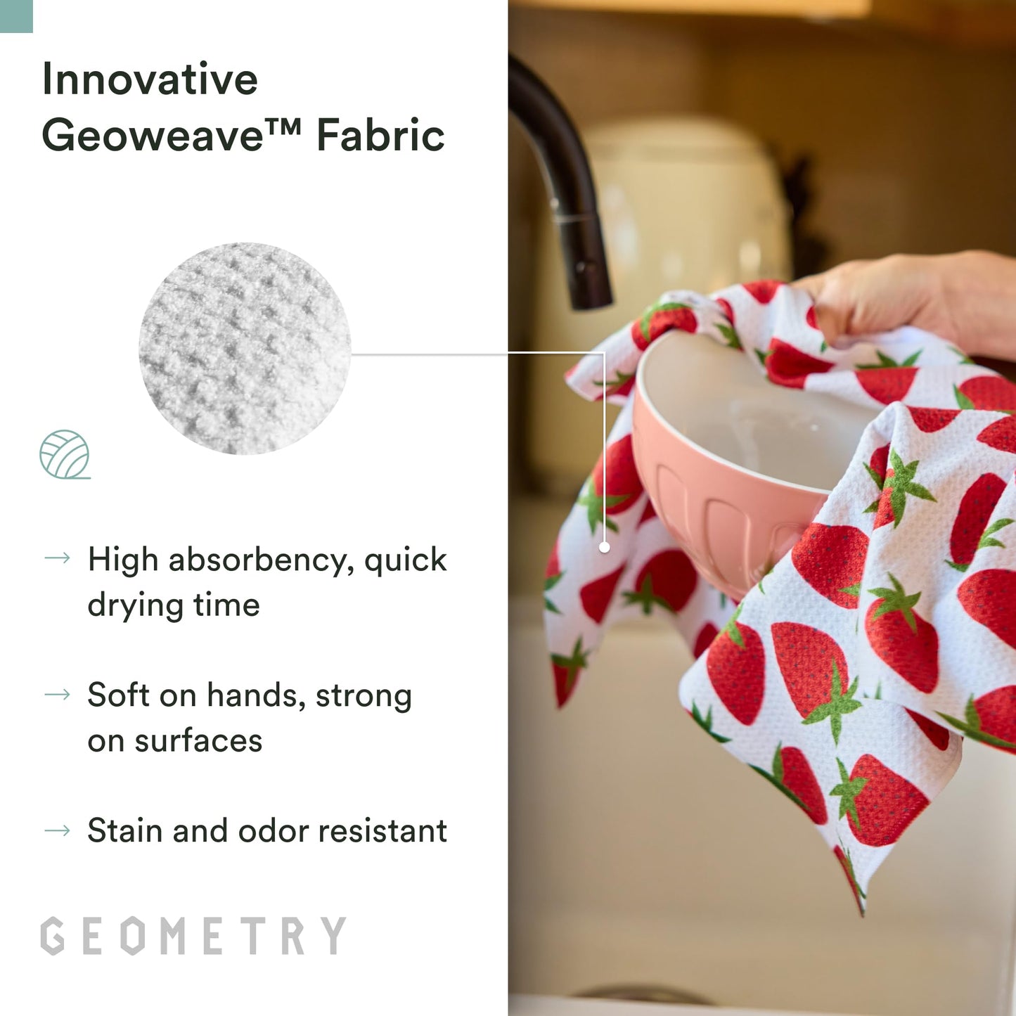 GEOMETRY Spring Kitchen Towels - Quick Dry Microfiber Cloth Spring & Summer Dish Towels for Kitchen Drying - Premium Quick Dry Towel - Strawberry Sunshine, 18" x 30" - 2-Pack