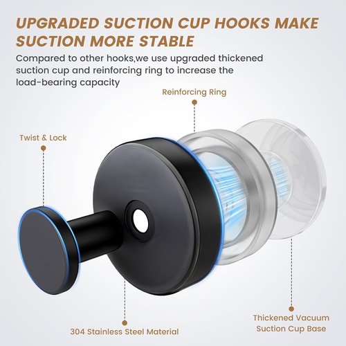 BKV Suction Cup Hooks - Removable Shower & Towel Hooks for Glass Windows | 4 Pack (Black)