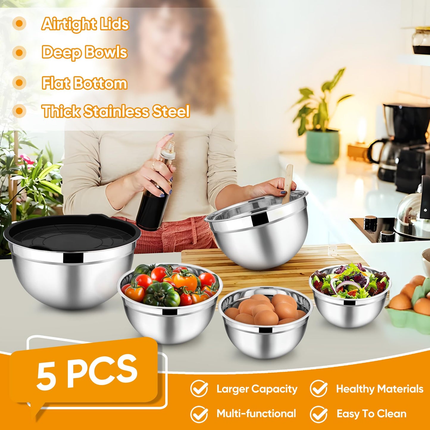 TeamFar Mixing Bowl Set of 5, 4.5/3/1.5/1/0.7 QT, Stainless Steel Metal Nesting Salad Bowl with Lid Set, Ideal for Mixing Serving, Non-Toxic & Sturdy, Airtight Lid & Easy Clean, Black