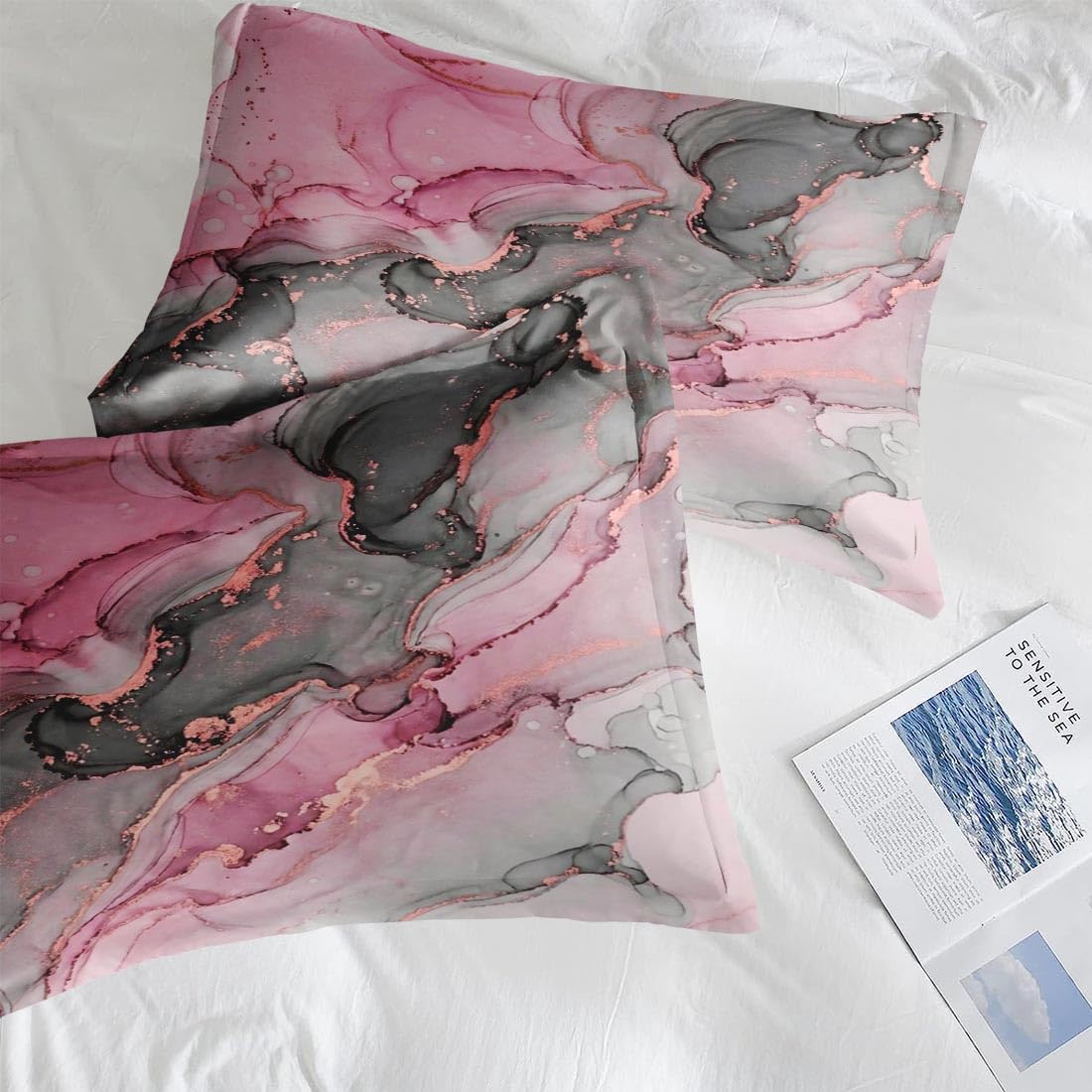 Nesphy Gray Pink Marble Comforter Set Queen Size, Natural Luxury Golden Abstract Soft Bedding Set with 2 Pillowcases for Adults Bedroom Bed Decor