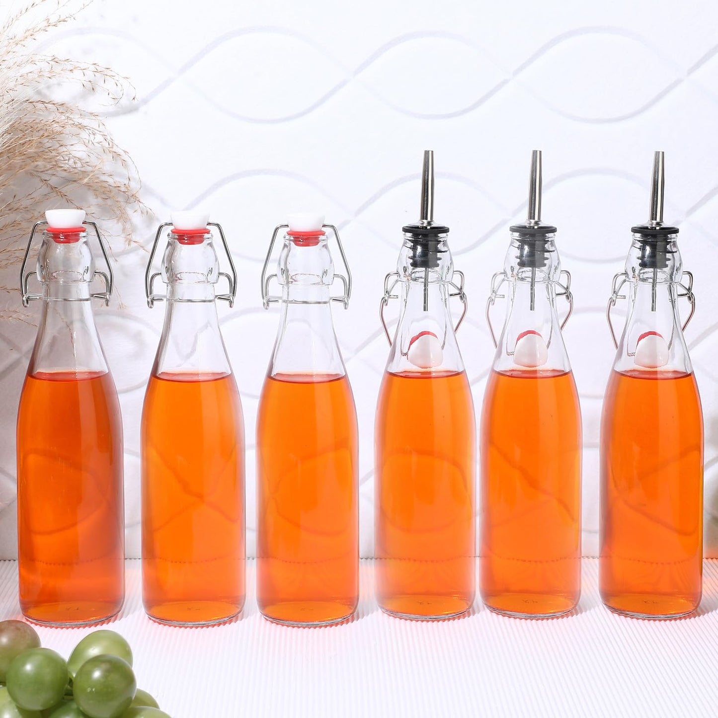 Baderke 6 Pack Swing Top Glass Bottles with Airtight Stopper Lids and Pourers Flip 17oz Top Brewing Pour Bottle for Syrup, Fermentation, Kombucha, Mead, Vinegar, Beer, Kefir, Wine, Vanilla Extract