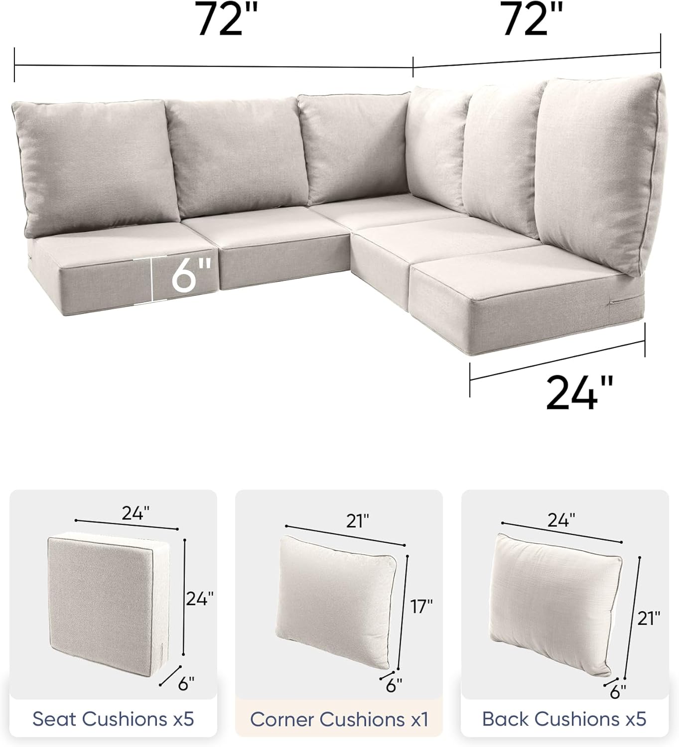 Luxury Outdoor Cushions | 24x24x6 Water-Repellent Set for 5-Seat Sectional Sofa - Beige
