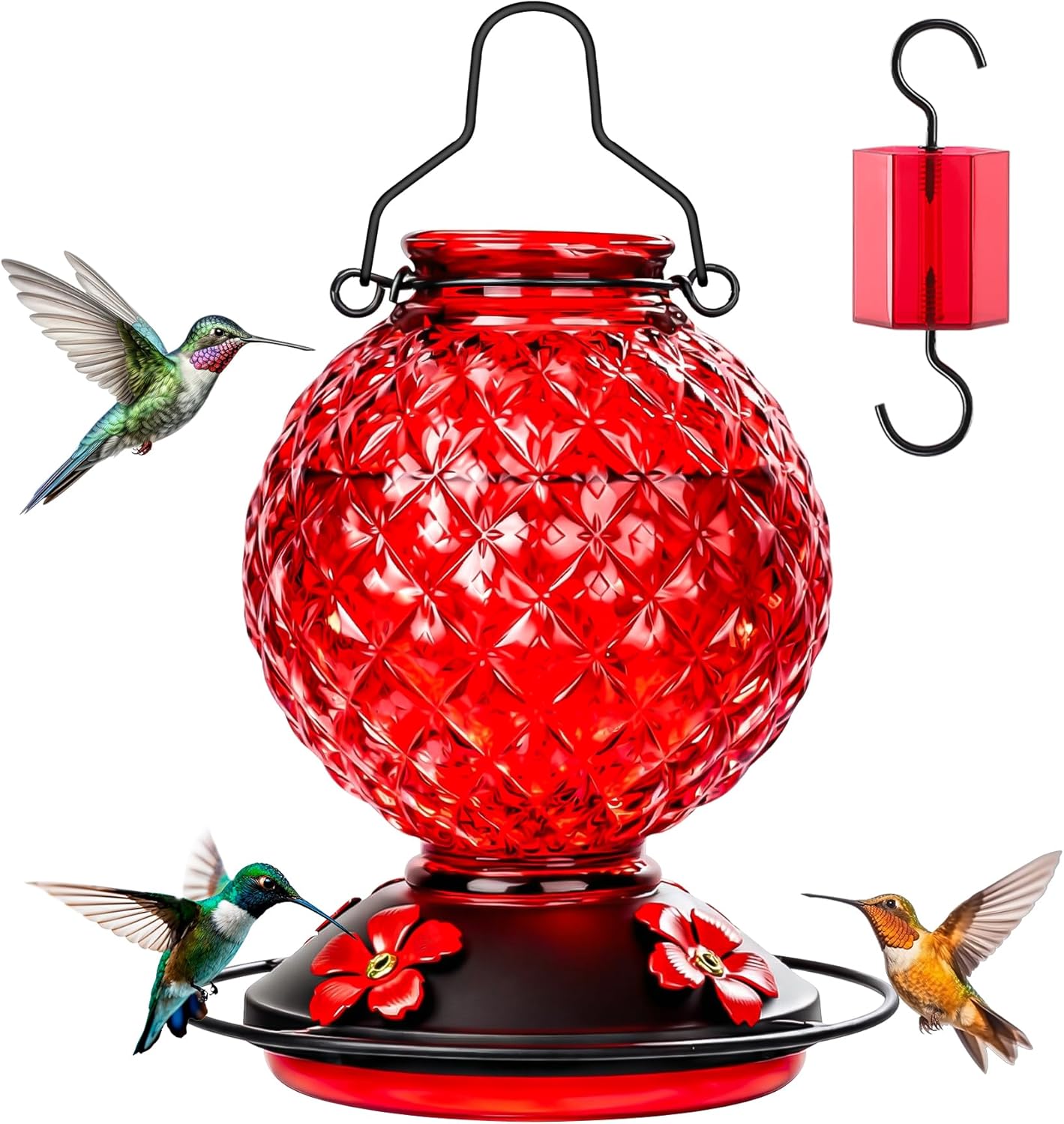 Skiennix 25 OZ Glass Hummingbird Feeder - Leak-Proof Design with Ant Moat & 4 Bee-Proof Ports | Red