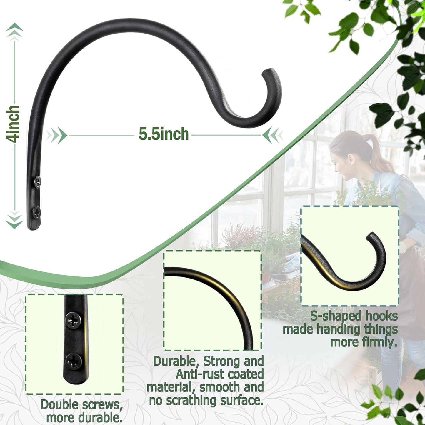 Qiang Ni Hanging Plant Bracket Hooks - Rust-Resistant 5.5 Inch Wall Plant Hooks | 2 Piece Set for Outdoor Decor