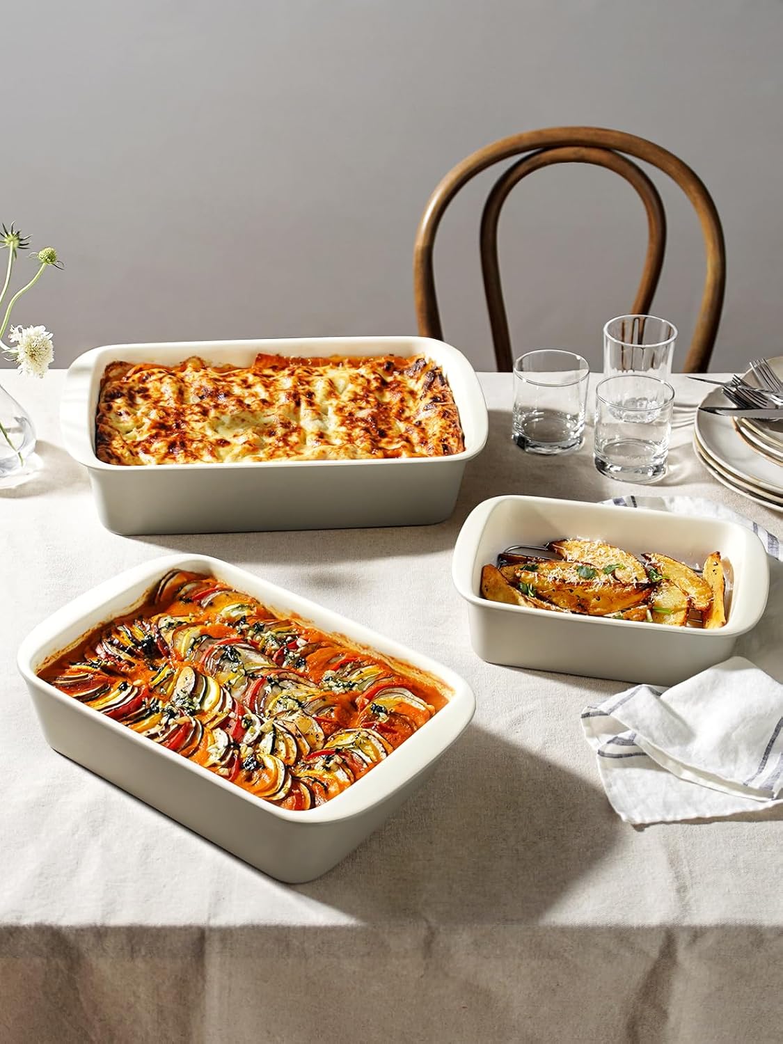 LE TAUCI Deep Casserole Dishes Set - 3-Piece Ceramic Bakeware with Roasting Racks | Large Lasagna Pans in Oatmeal Greige (4.6QT/3.0QT/1.6QT)