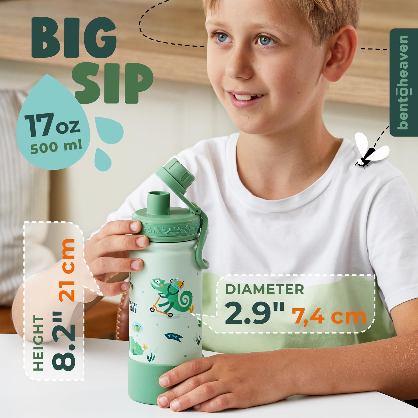 Bentoheaven Kids Water Bottle Stainless Steel for Boys & Girls, 2 Lids (Chug & Straw), Handle & Silicone Boot, Reusable Metal Leak-proof Insulated Tumbler, School & Sports 17oz (Green)