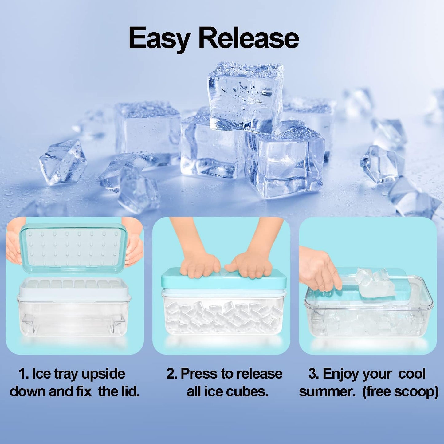 Skiennix Ice Cube Trays - 2-Tier Freezer Set with Bin, Scoop, and Press Plate, Lid Included