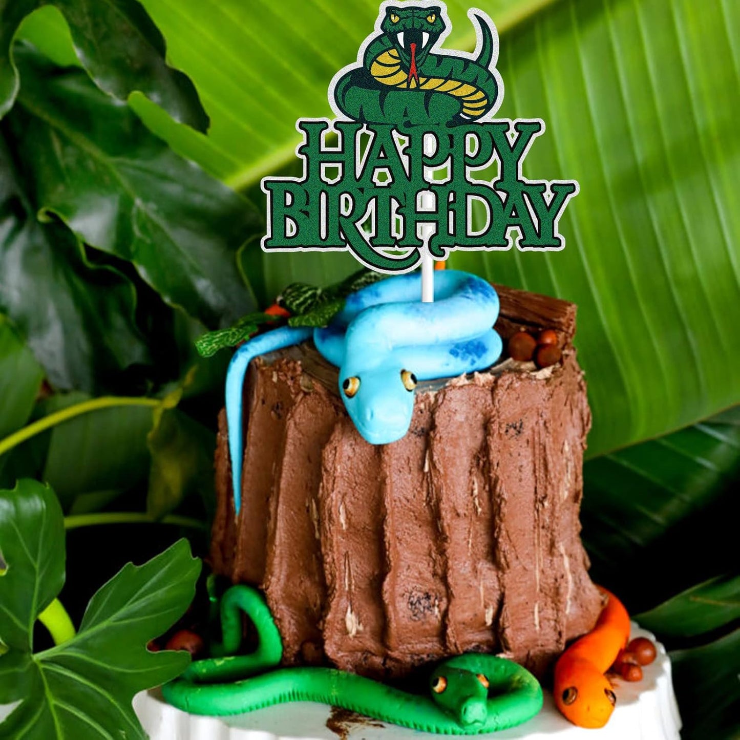 Snake Birthday Cake Topper - Green Glitter Jungle Animal Theme Decoration for Kids & Adults