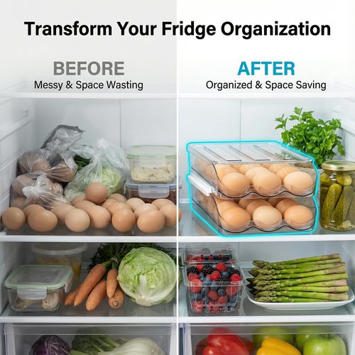 2 Tier Egg Holder for Refrigerator with Lid, Large Capacity Holds 36 Eggs in Clear Plastic Container Stackable Bin Organizer for Kitchen Storage, Refrigerator