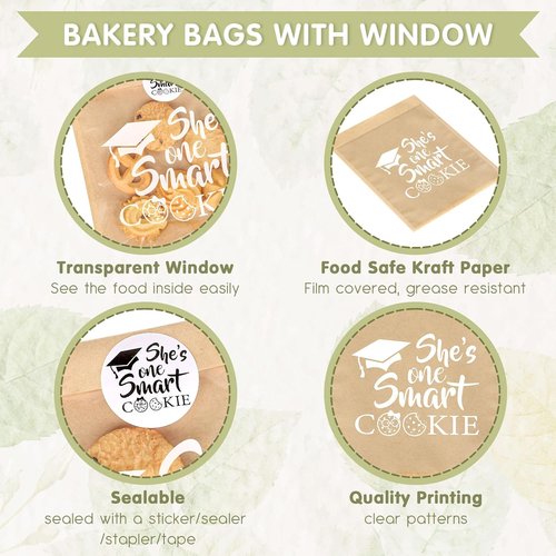 FYSUIMU Graduation Cookie Treat Bags - 100 Pcs Kraft Paper with Window & Stickers | Perfect for 2026 Grad Parties