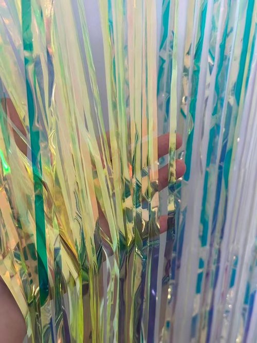 Iridescent Green Party Streamers - 2 Pack Neon Holographic Tinsel Foil Fringe Curtains | 3.31 x 6.6 ft