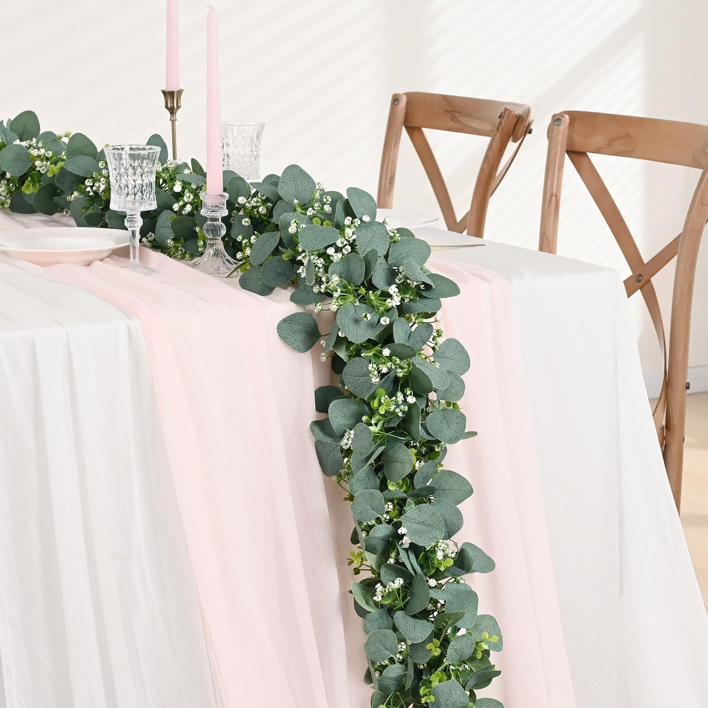 Waipfaru 8Pcs Eucalyptus Garland, 5.9FT Greenery Garland, Green Garland with Flowers, Artificial Faux Silver Dollar Eucalyptus Leaves Vines for Table Home Wedding Mantle Party Indoor Outdoor Decor