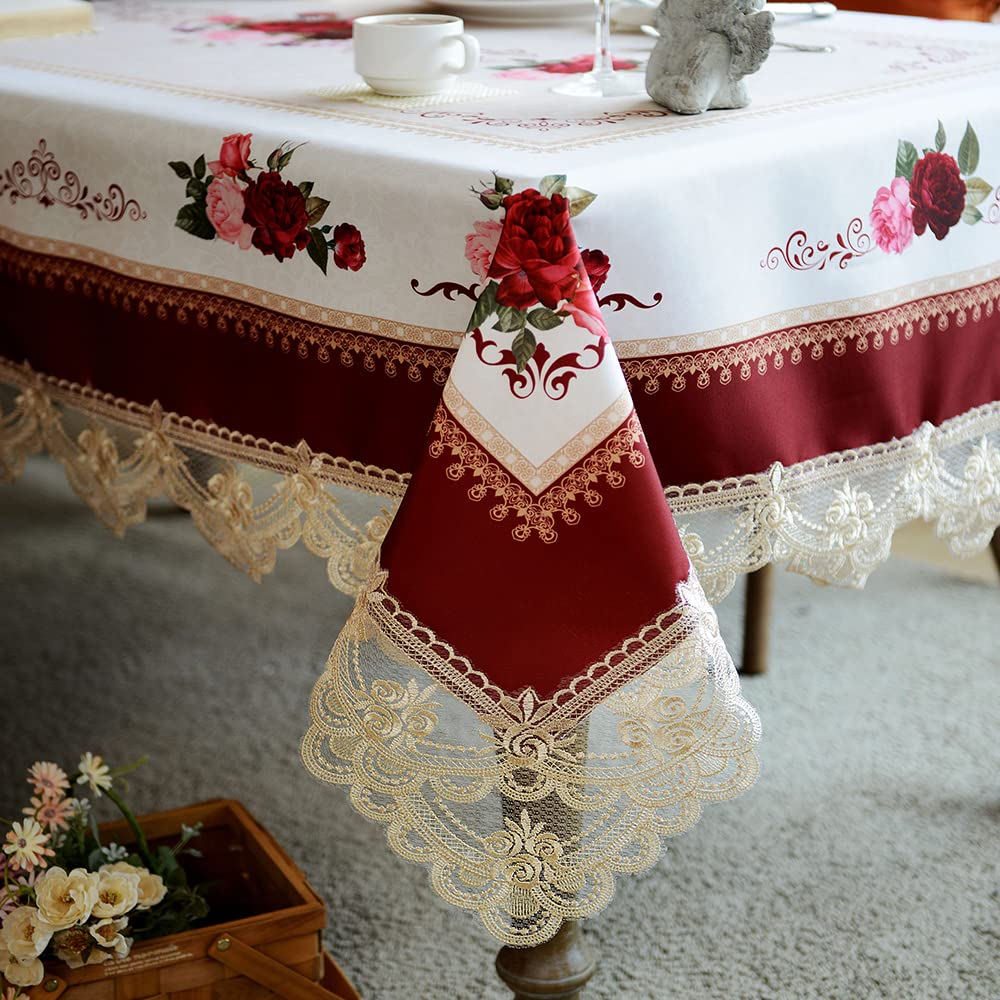 SUTAVIA Lace Embroidered Table Cloth,Rectangular Farmhouse TableCover,Classic Oblong Antique Flower Decor Macrame Tablecloth (Burgundy, Rectangle/Oblong,60 x 84 Inch,6-8 Seats)