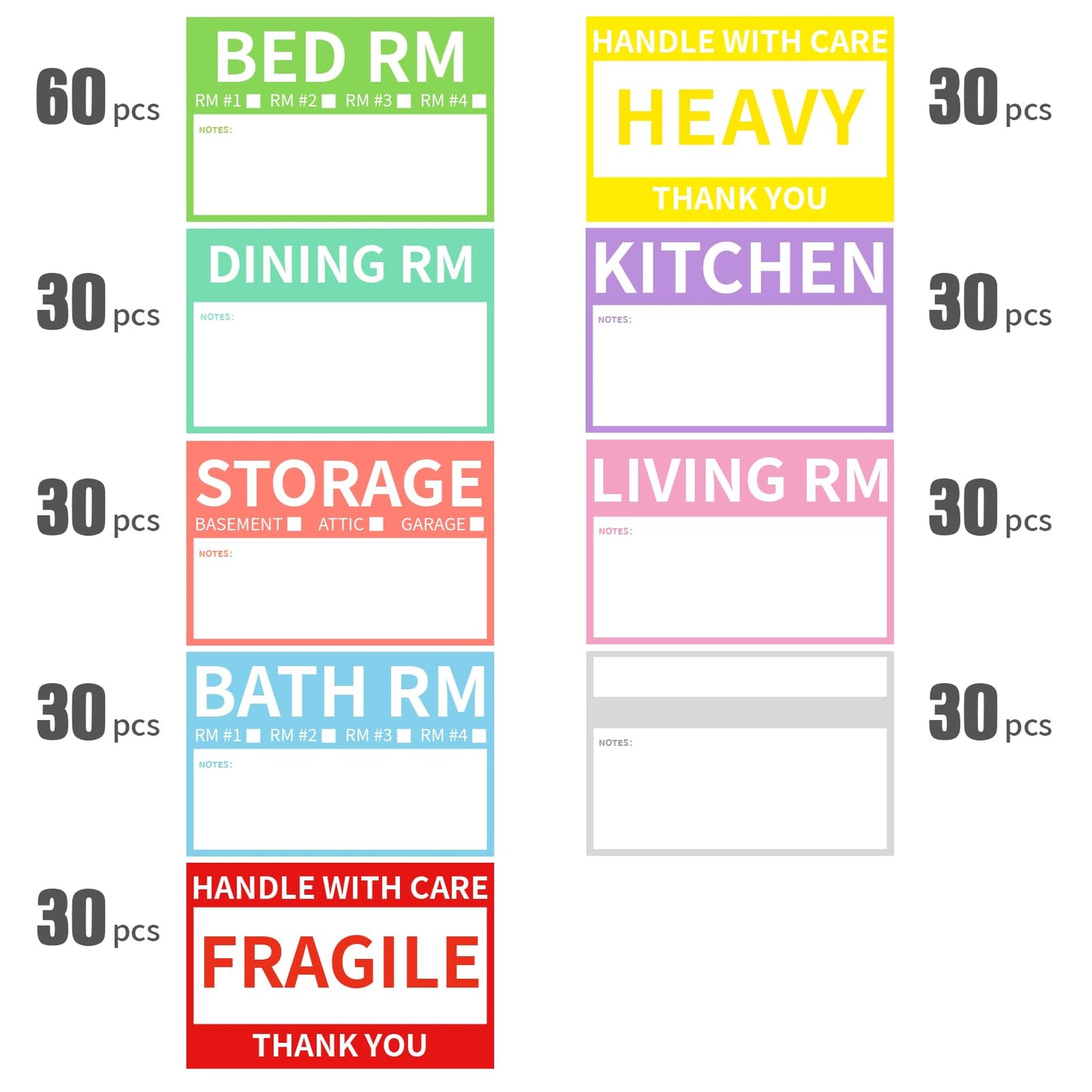 Ououstate 300 Count 2” x 3’’ Removable Home Moving Box Packing Labels for 1/2/3/4 Bedroom Rooms, 9 Designs Waterproof Color-Coded Moving Stickers Including Fragile 、Heavy and Blank Labels