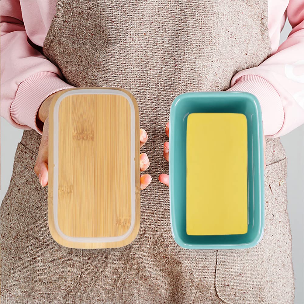 Lxmons Ceramic Butter Dish with Wooden Lid, Large Butters Container Keeper Storage with Stainless Steel Knife Spreader, Bamboo Cover and Silicone Sealing Ring for West East Coast, Aqua
