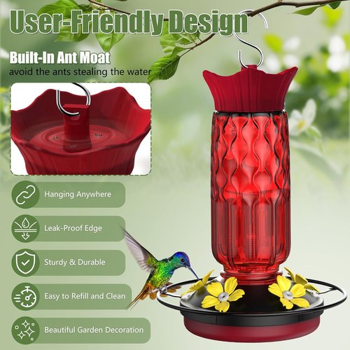 Hummingbird Feeders - 16 Oz Hanging Feeder with 5 Flower Ports & Ant Moat | Perfect Outdoor Garden Decor