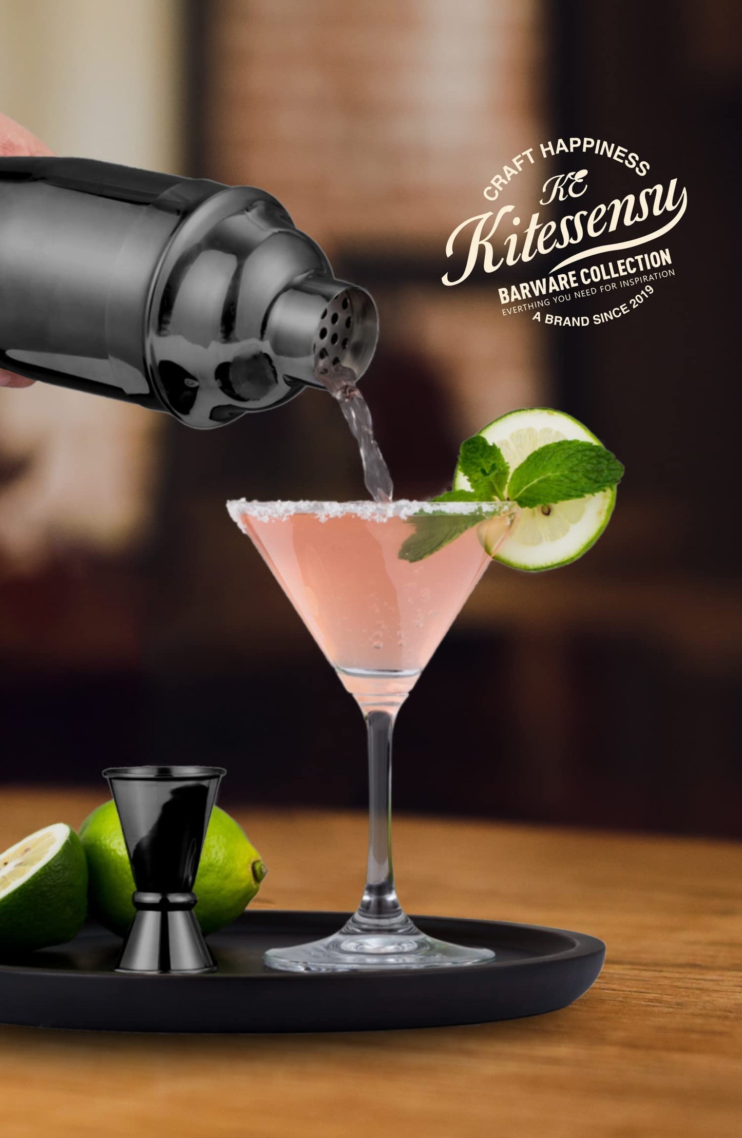 KITESSENSU Cocktail Shaker Set, Stainless Steel Martini Shaker with Bartender Strainer, Measuring Jigger, Bar Mixing Spoon, Cocktail Recipe Included, Pink