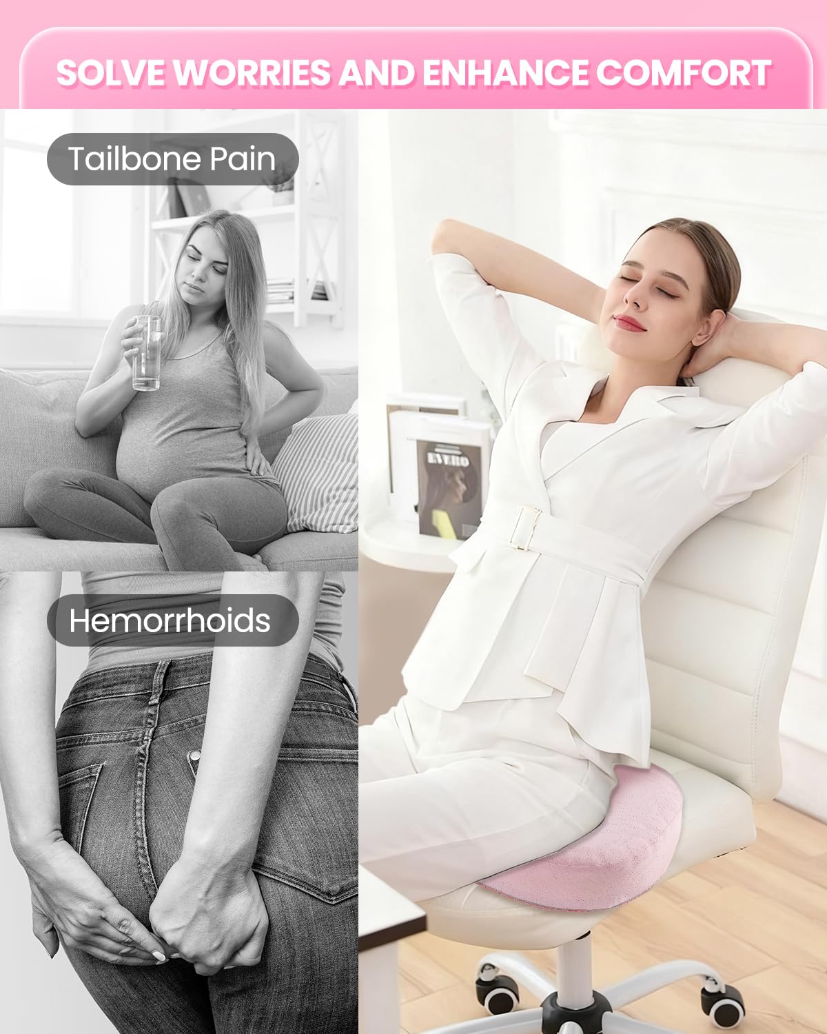 Sino Salected Portable Donut Pillow, Doughnut Pillow for Tailbone Pain, Non-Slip Removable Cover, Hemorrhoid Cushion for Postpartum ＆ Sciatica, Memory Foam Seat Cushion, Pink