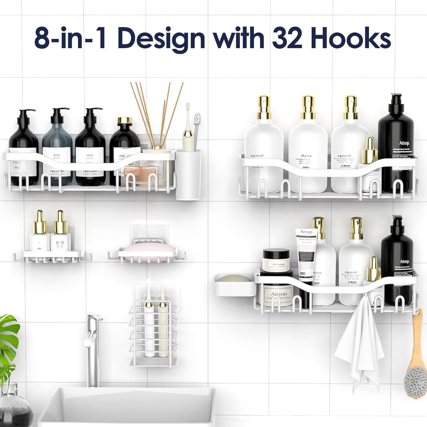 NESOMI Shower Caddy - Rustproof Stainless Steel Organizer with Large Capacity | 8-Pack No-Drill Rack