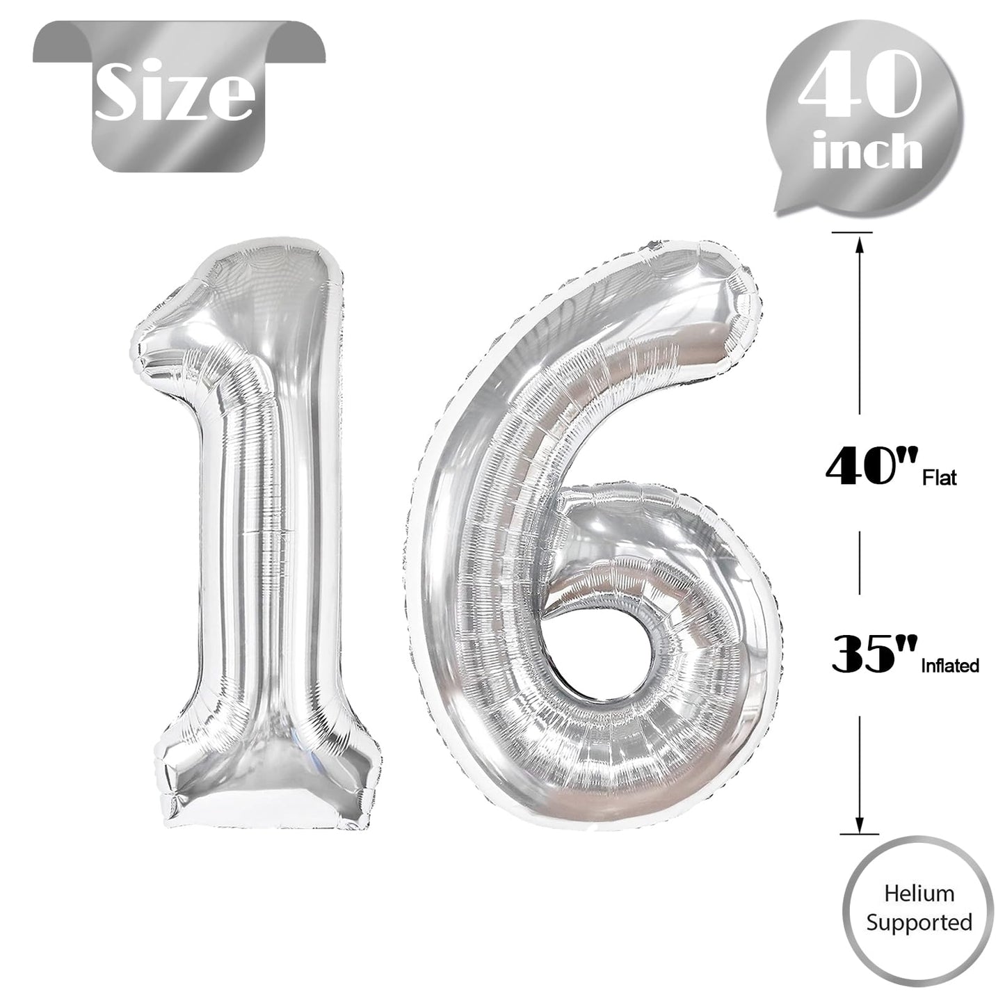 Silver Number 16 Balloon 40 inch, 16 Number Balloons, 16th Silver Birthday Decorations for Girls Boys Kids, 16 Year Old Silver Party Supplies