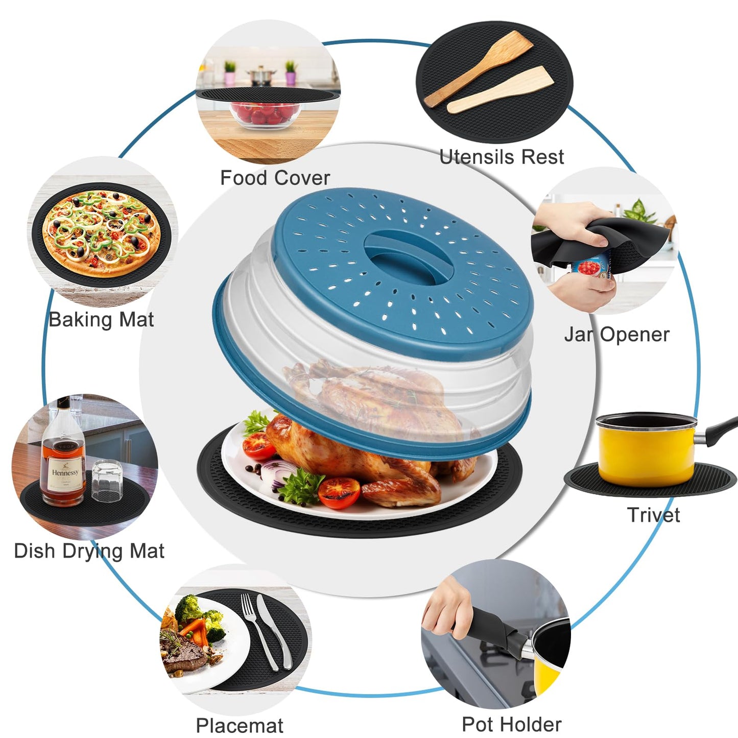 2 in 1,WENWELL Microwave Splatter Cover for Food & Mat, Vented Collapsible Kitchen dish bowl Plate lid Can be Hung, Easy to Shake Hands,Drainer Basket,BPA-Free Silicone & Plastic