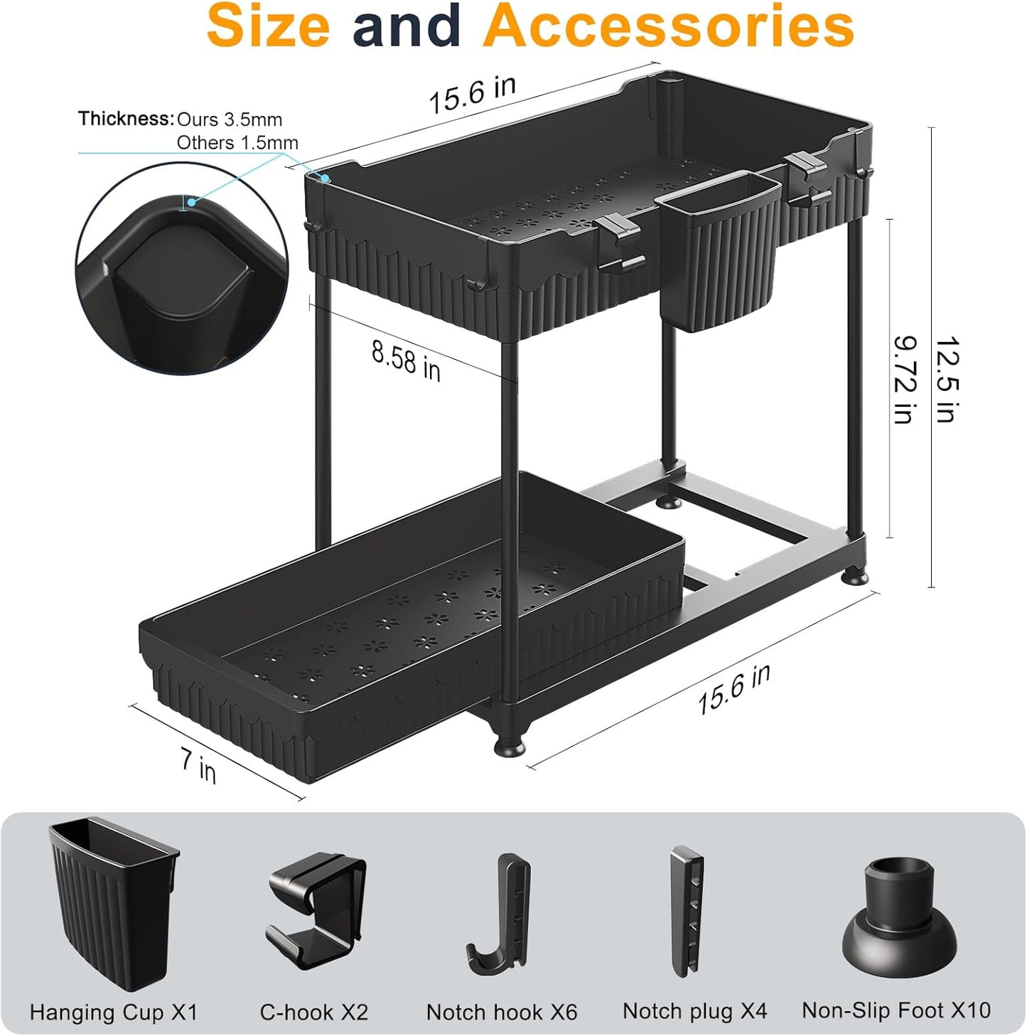 Sevenblue Under Sink Organizers - 2 Pack Multi-Purpose Pull-Out Cabinet Storage for Bathroom & Kitchen | Black