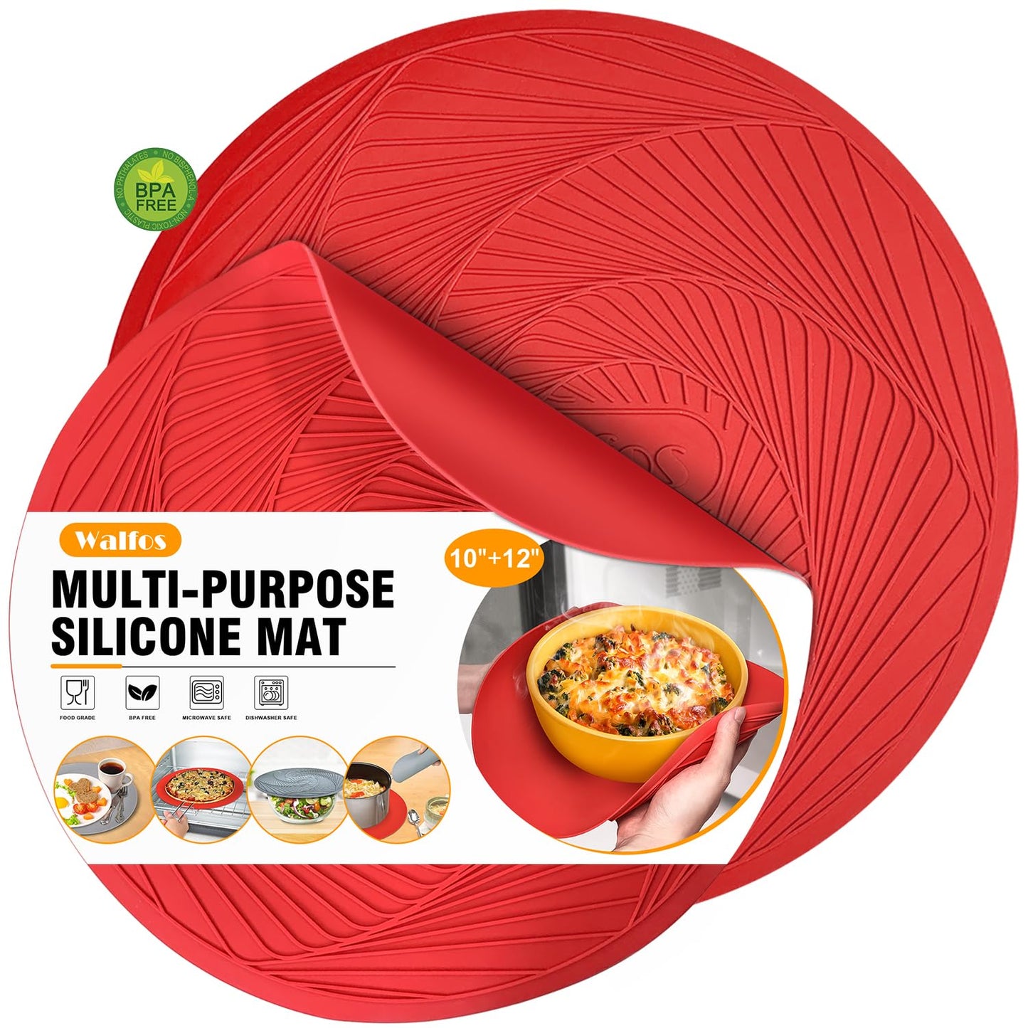 Walfos 12 10 Inch Silicone Microwave Mats, Microwave Splatter Cover for Food, Pot Holders for Kitchen, Non-Slip Heat Resistant Silicone Mats for Microwave, Oven, Hot Pan, Pot (Red)