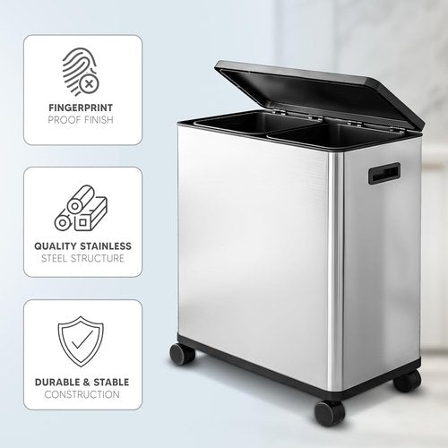 HOLDN’ STORAGE 60L Dual Kitchen Trash & Recycling Bin - Motion Sensor, Soft-Close Lid, Stainless Steel