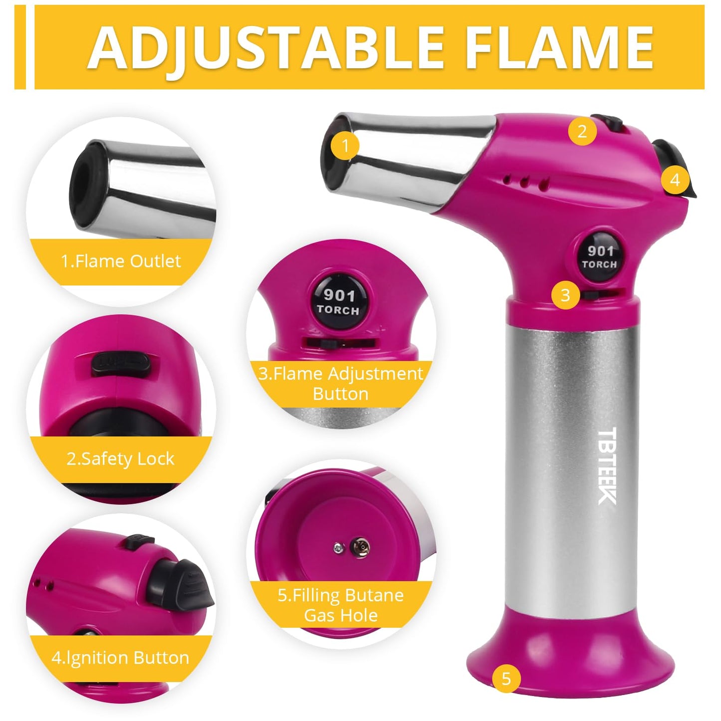 TBTEEK Butane Torch T901, Kitchen Torch Cooking Torch with Safety Lock & Adjustable Flame for Cooking, BBQ, Baking, Brulee, Creme, DIY Soldering(Butane Not Included), Rose